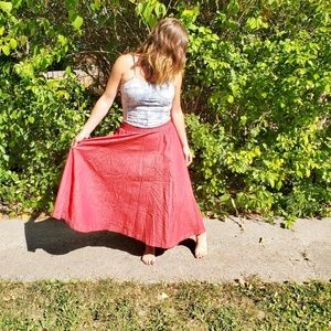 Vintage Coral Pleated Midi Skirt with Pockets